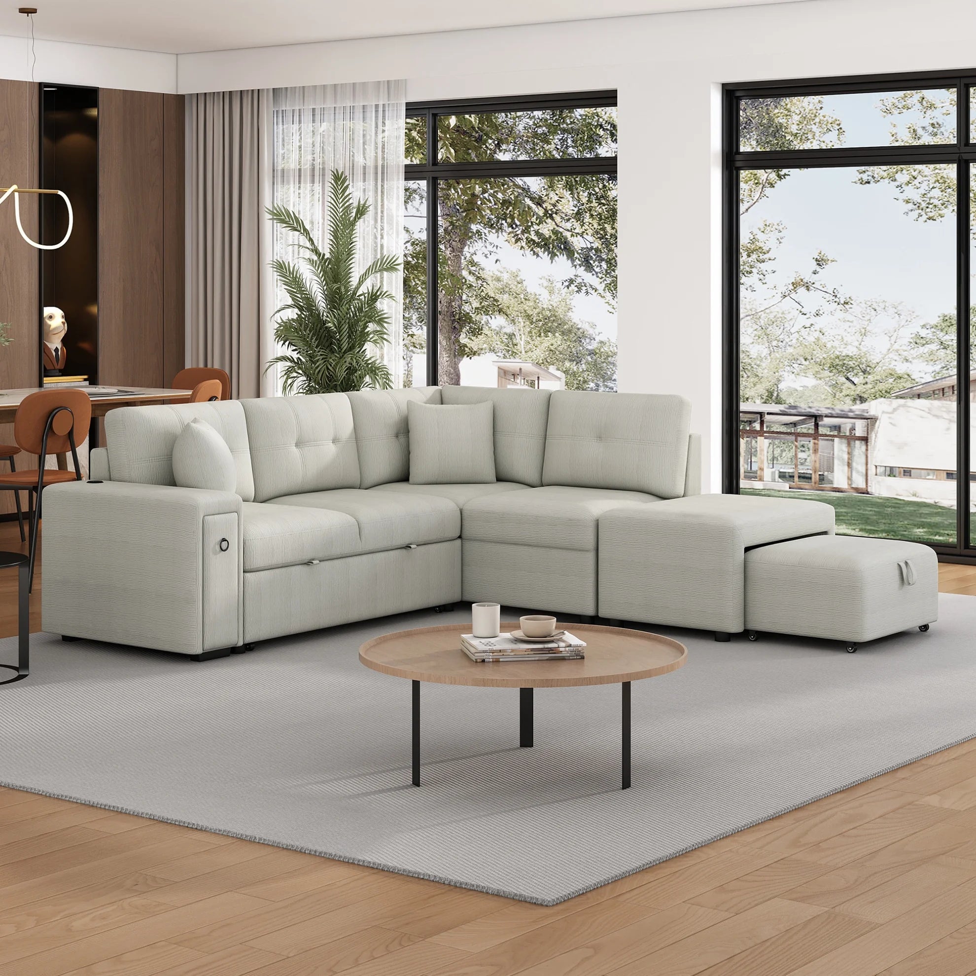 87" Modular Sectional Sleeper Sofa with Pull Out Bed, Convertible L - Shaped Couch with Ottoman, USB Ports and Two Cup Holders for Living Room, Apartment, Bedroom, Gray