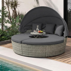 Tangkula Patio Round Daybed with Retractable Canopy(Grey)