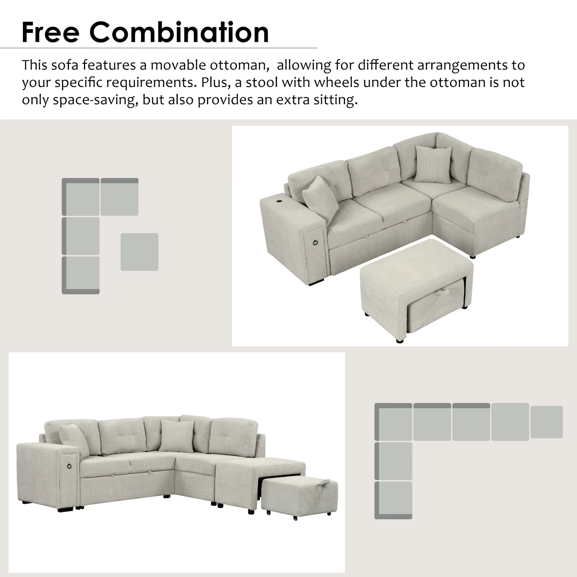 87" Modular Sectional Sleeper Sofa with Pull Out Bed, Convertible L - Shaped Couch with Ottoman, USB Ports and Two Cup Holders for Living Room, Apartment, Bedroom, Gray
