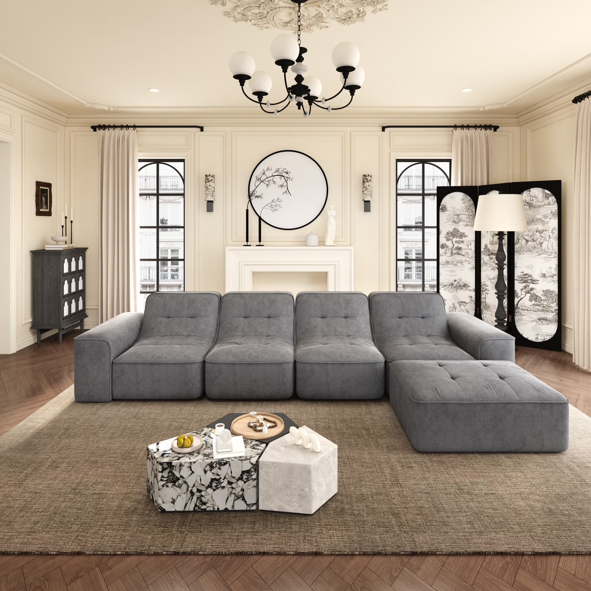 144" Oversized Modular Sectional Sofa, Deep Seat Chenille Cloud Couch with Chaise, L - Shaped Sparkling 5 Seat Sofa Couch for Living Room, Black