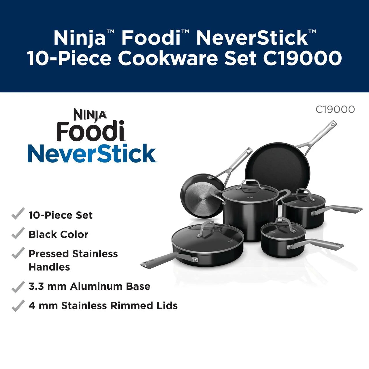 Ninja C19000 Foodi Neverstick 10 - Piece Cookware Set, Black