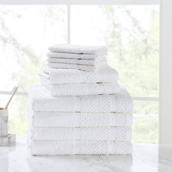 Mainstays 10 Piece Bath Towel Set with Upgraded Softness & Durability, Office Blue - White