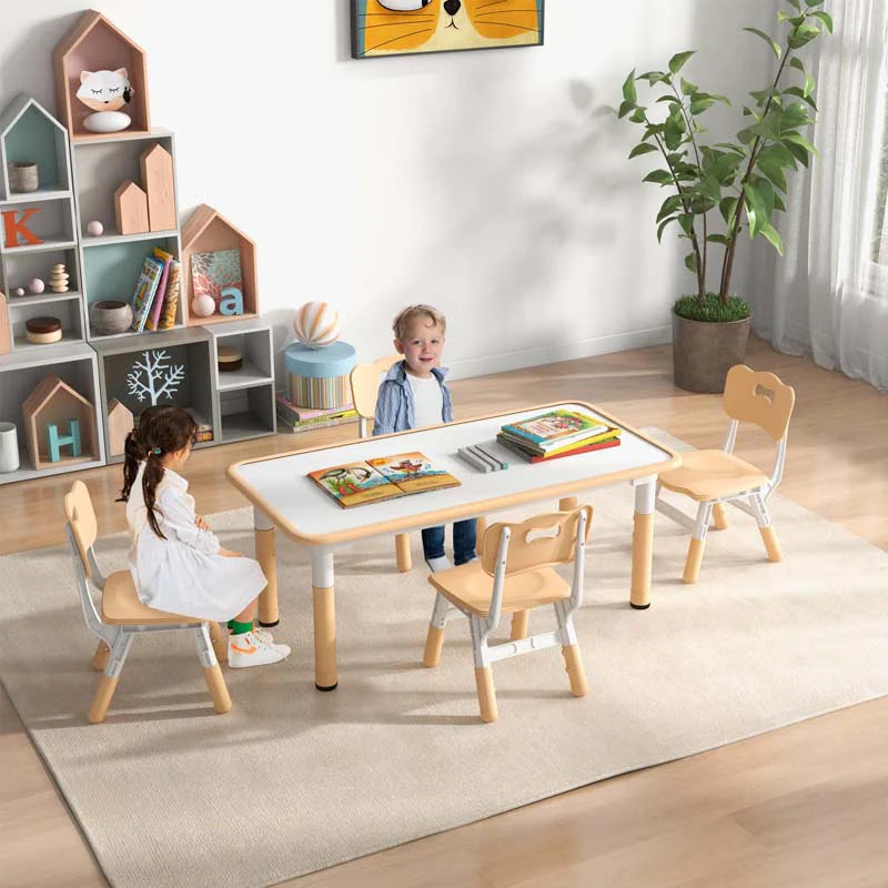 Kids Table and 4 Chairs Set, Height Adjustable Toddler Art Activity Desk with 4 Seats & Graffiti Desktop for Home, Daycare & Playroom