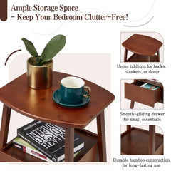 AECOJOY Nightstand with Drawer and Storage Shelf, Bamboo Bed Side Table