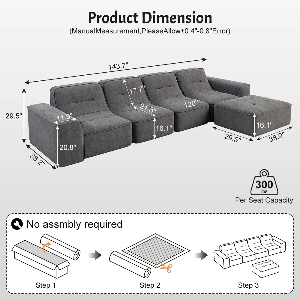 144" Oversized Modular Sectional Sofa, Deep Seat Chenille Cloud Couch with Chaise, L - Shaped Sparkling 5 Seat Sofa Couch for Living Room, Black