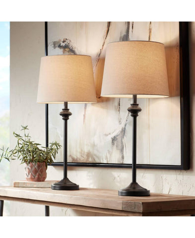 360 Lighting Modern Buffet Table Lamps Set of 2 Bronze Metal Oatmeal Fabric Drum Shade for Dining Room