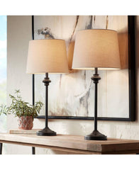 360 Lighting Modern Buffet Table Lamps Set of 2 Bronze Metal Oatmeal Fabric Drum Shade for Dining Room