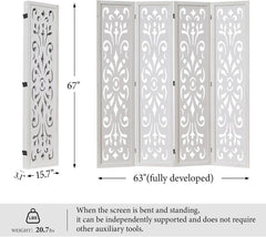 5.6ft Room Divider Folding Wood Classical Carved Partition Screen for Home Office Garden - 4 Panels (White)