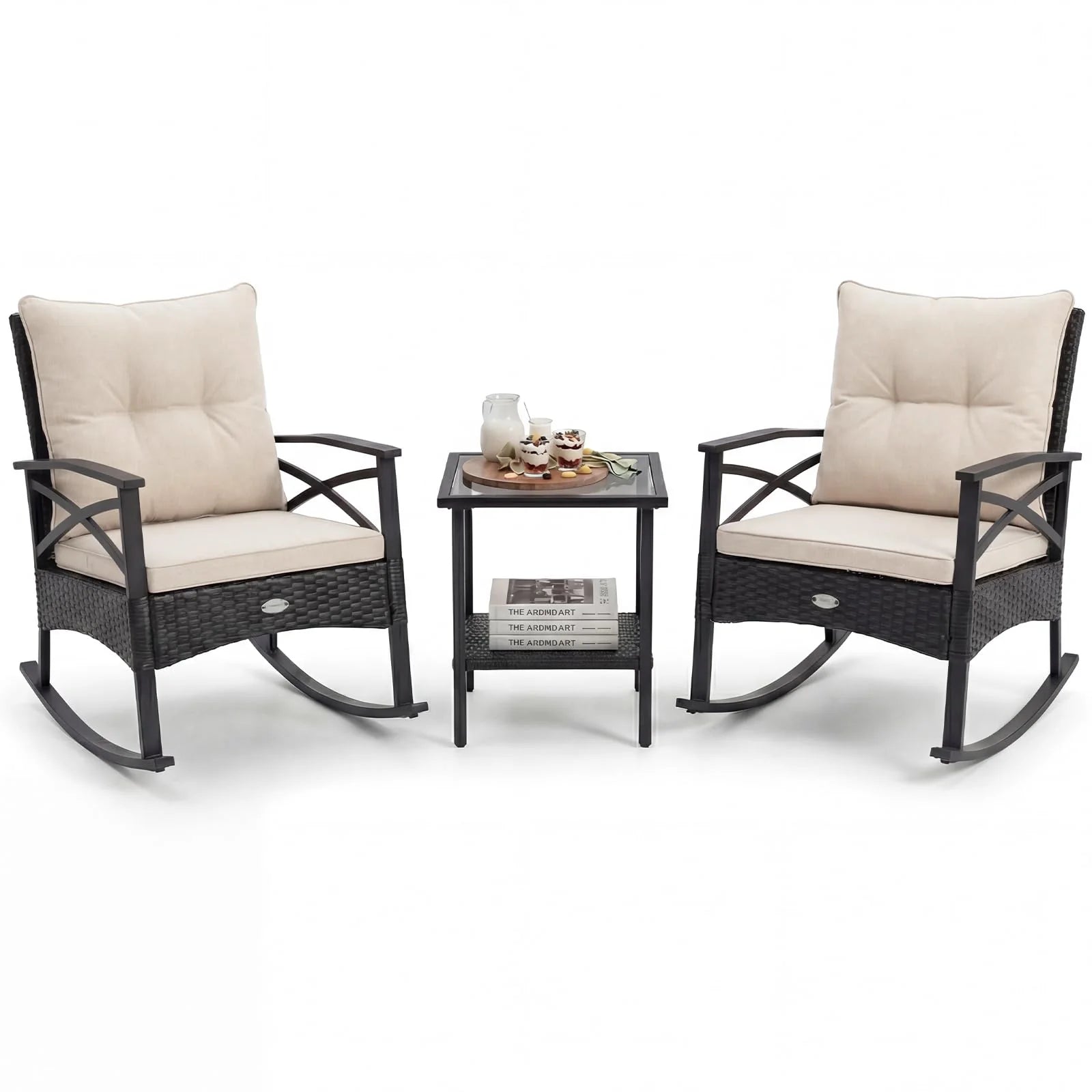 Tangkula 3 Pieces Outdoor Rocking Chairs Set Rattan Heavy Duty Cushioned Rocker Chairs