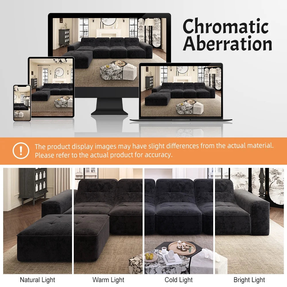 144" Oversized Modular Sectional Sofa, Deep Seat Chenille Cloud Couch with Chaise, L - Shaped Sparkling 5 Seat Sofa Couch for Living Room, Black