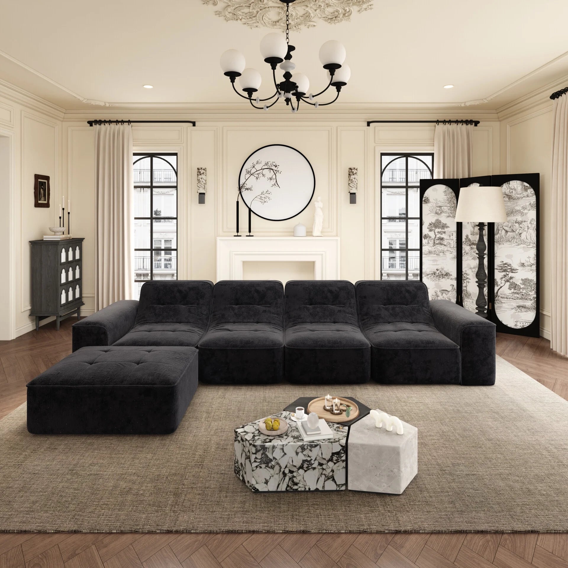 144" Oversized Modular Sectional Sofa, Deep Seat Chenille Cloud Couch with Chaise, L - Shaped Sparkling 5 Seat Sofa Couch for Living Room, Black