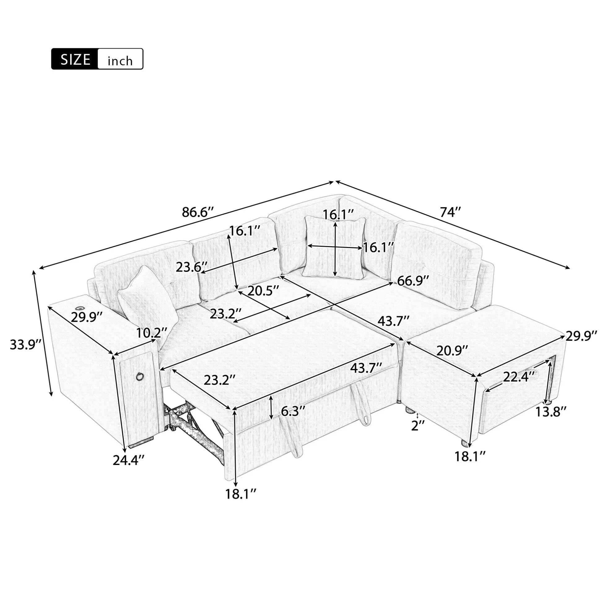 87" Modular Sectional Sleeper Sofa with Pull Out Bed, Convertible L - Shaped Couch with Ottoman, USB Ports and Two Cup Holders for Living Room, Apartment, Bedroom, Gray
