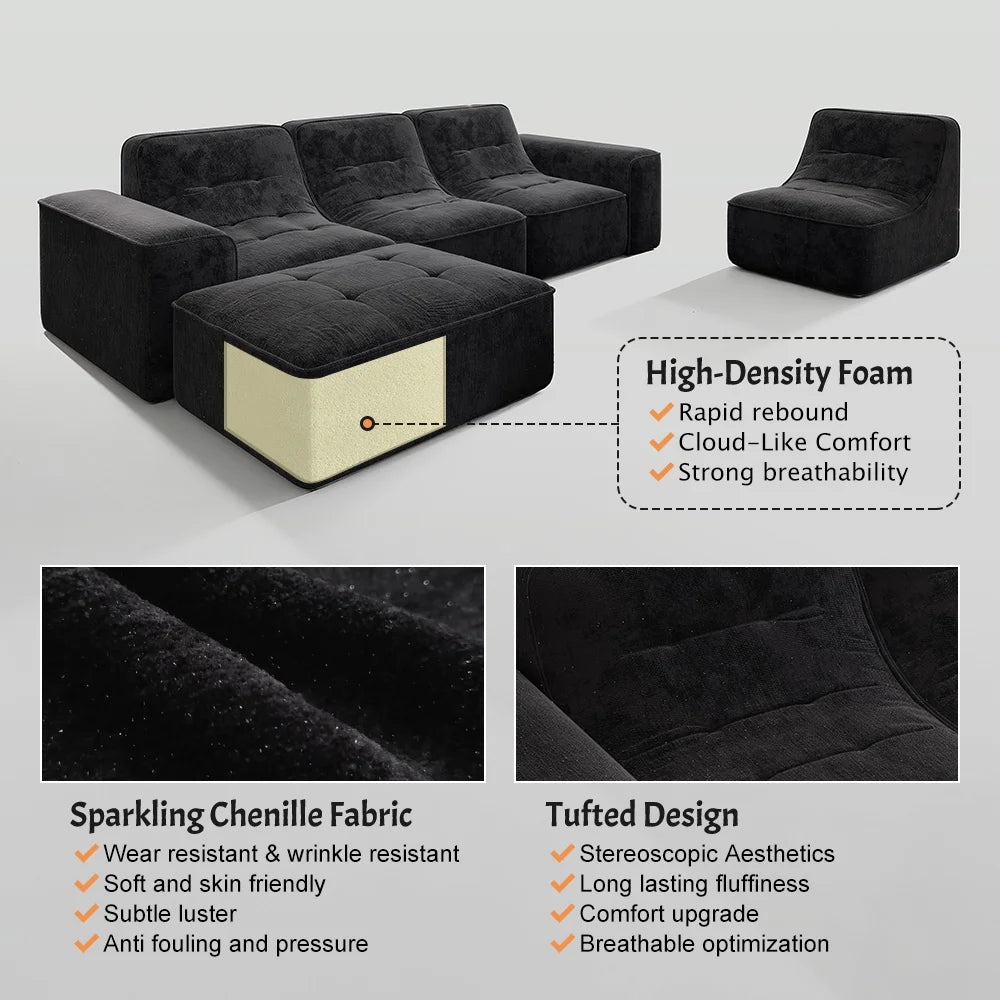 144" Oversized Modular Sectional Sofa, Deep Seat Chenille Cloud Couch with Chaise, L - Shaped Sparkling 5 Seat Sofa Couch for Living Room, Black