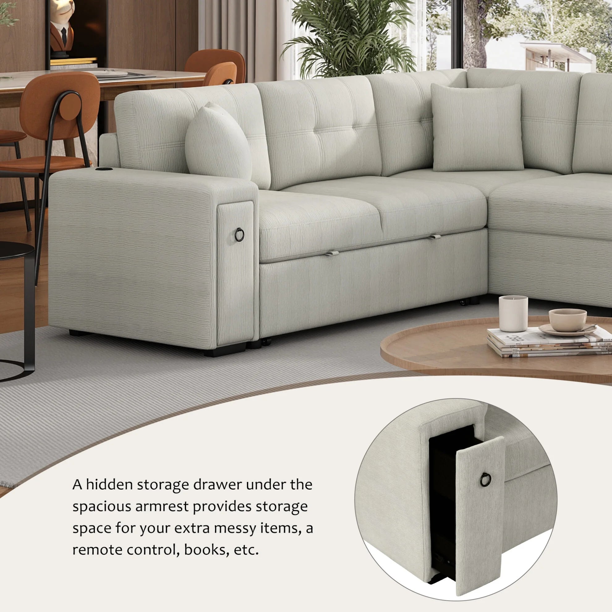 87" Modular Sectional Sleeper Sofa with Pull Out Bed, Convertible L - Shaped Couch with Ottoman, USB Ports and Two Cup Holders for Living Room, Apartment, Bedroom, Gray