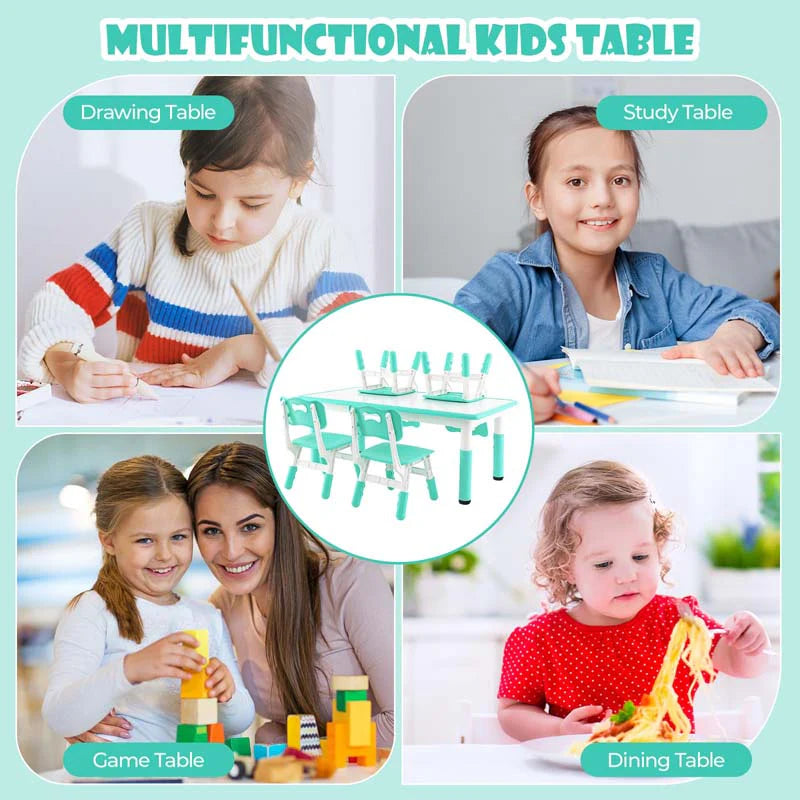 Kids Table and 4 Chairs Set, Height Adjustable Toddler Art Activity Desk with 4 Seats & Graffiti Desktop for Home, Daycare & Playroom