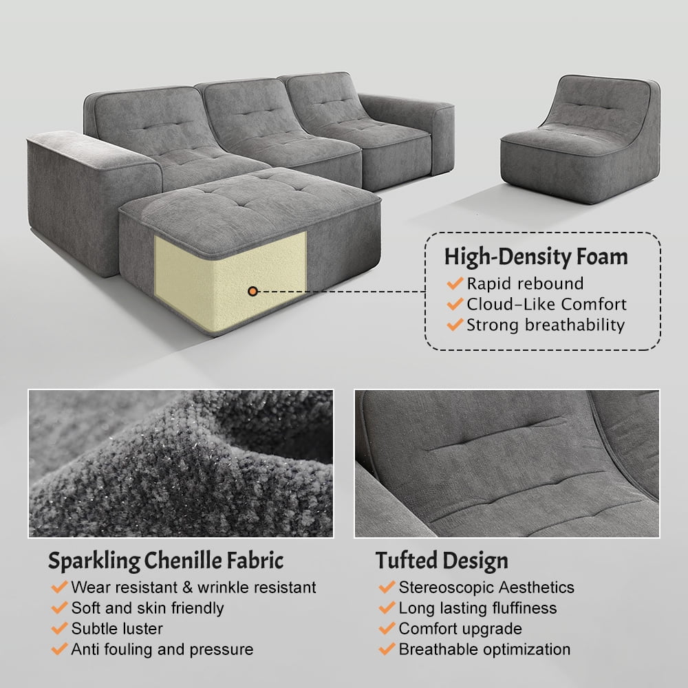 144" Oversized Modular Sectional Sofa, Deep Seat Chenille Cloud Couch with Chaise, L - Shaped Sparkling 5 Seat Sofa Couch for Living Room, Black