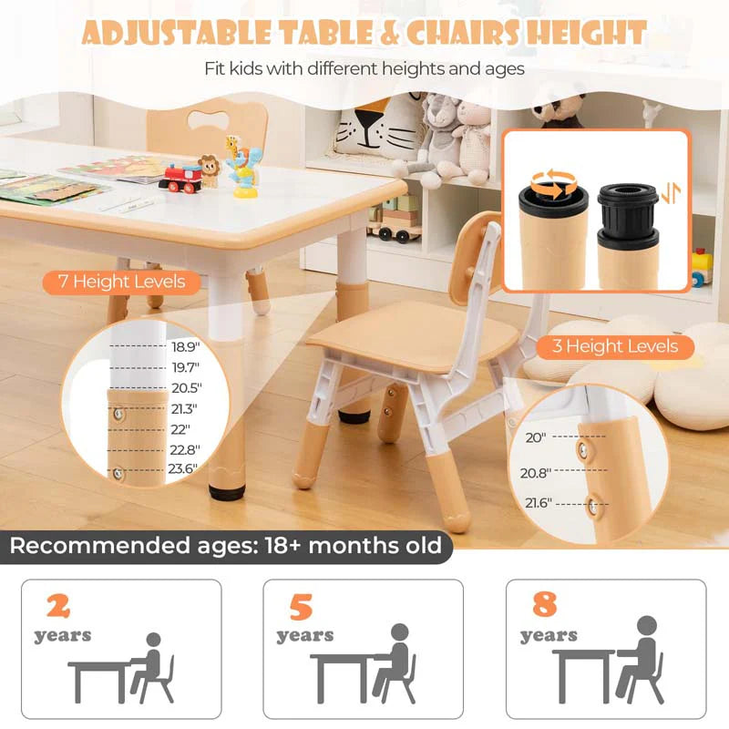 Kids Table and 4 Chairs Set, Height Adjustable Toddler Art Activity Desk with 4 Seats & Graffiti Desktop for Home, Daycare & Playroom