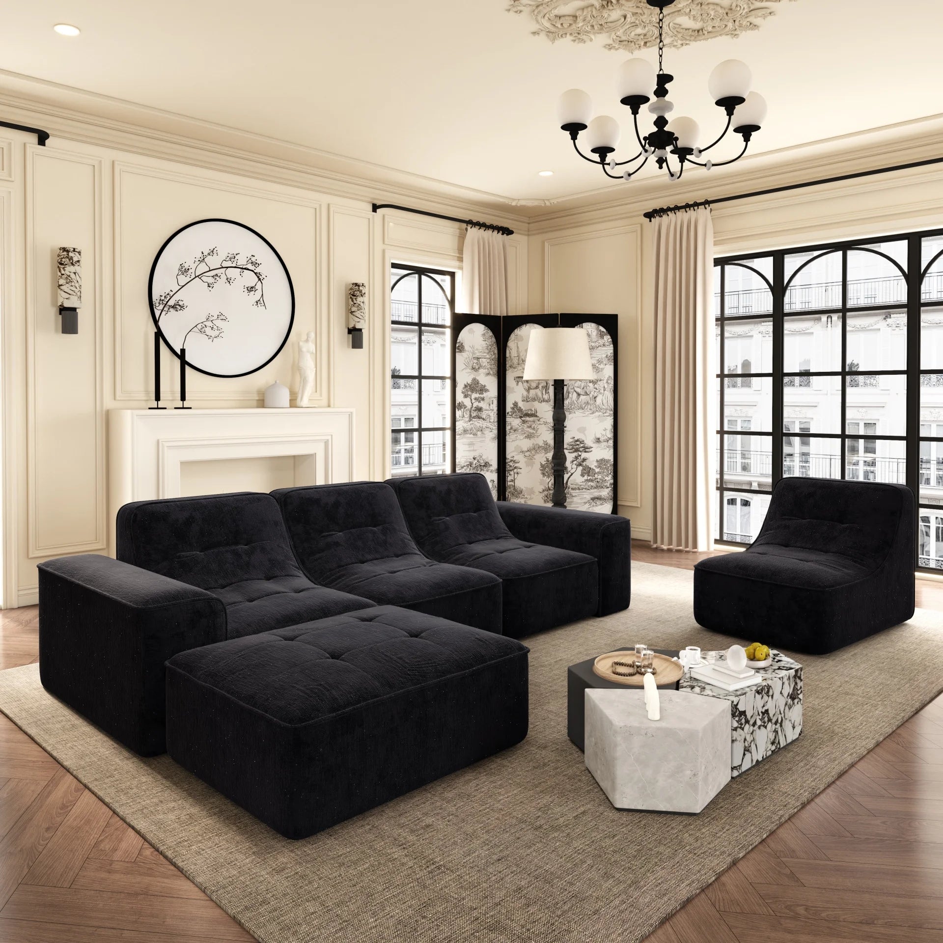 144" Oversized Modular Sectional Sofa, Deep Seat Chenille Cloud Couch with Chaise, L - Shaped Sparkling 5 Seat Sofa Couch for Living Room, Black