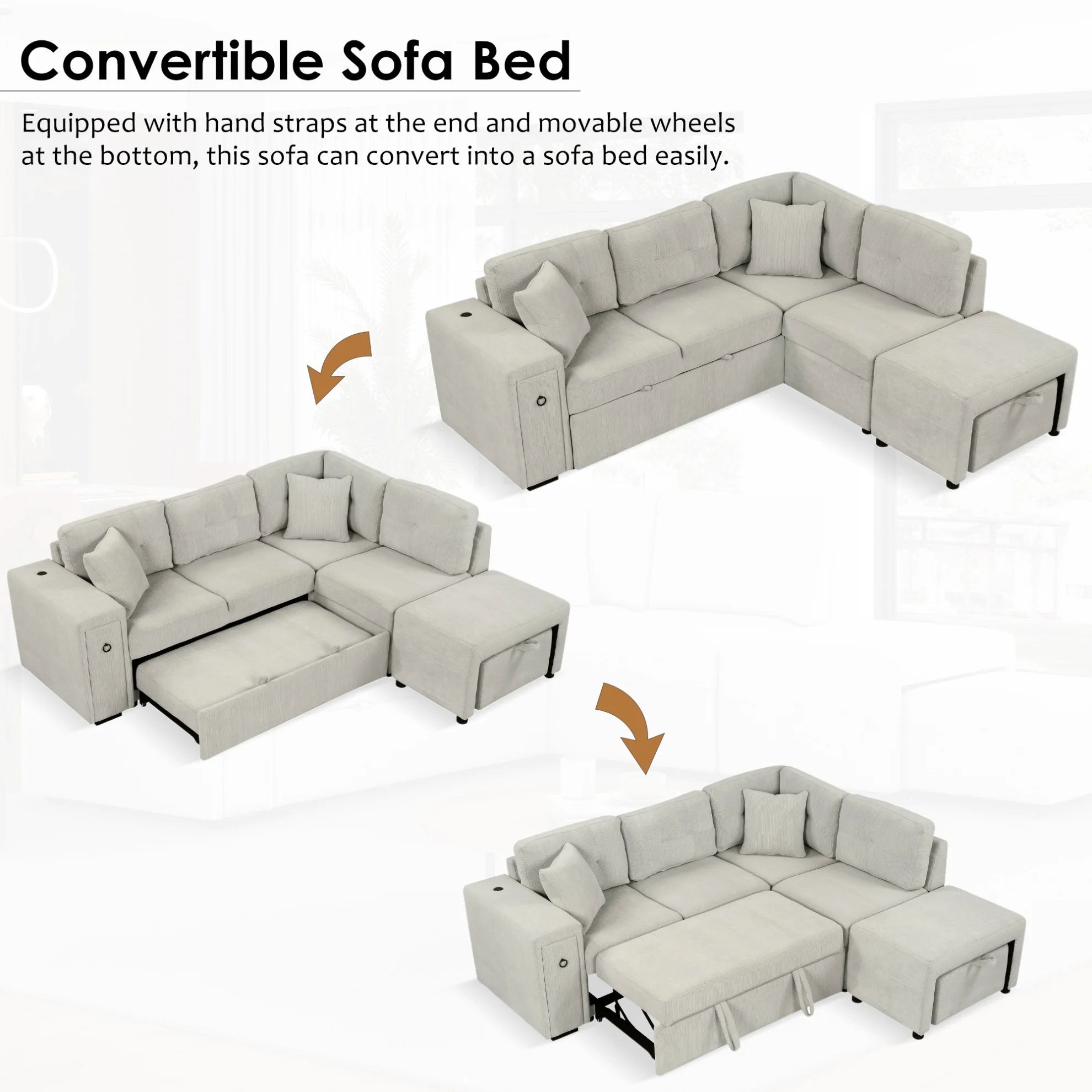 87" Modular Sectional Sleeper Sofa with Pull Out Bed, Convertible L - Shaped Couch with Ottoman, USB Ports and Two Cup Holders for Living Room, Apartment, Bedroom, Gray