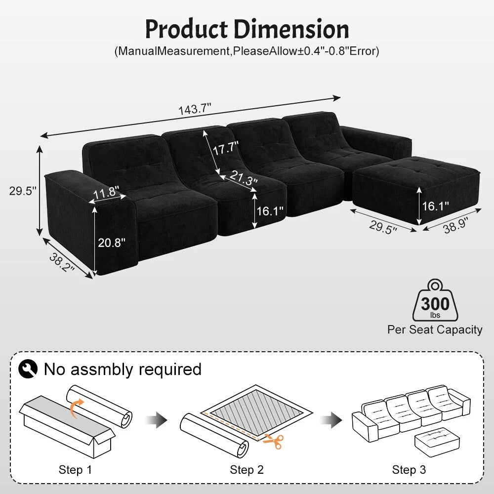 144" Oversized Modular Sectional Sofa, Deep Seat Chenille Cloud Couch with Chaise, L - Shaped Sparkling 5 Seat Sofa Couch for Living Room, Black