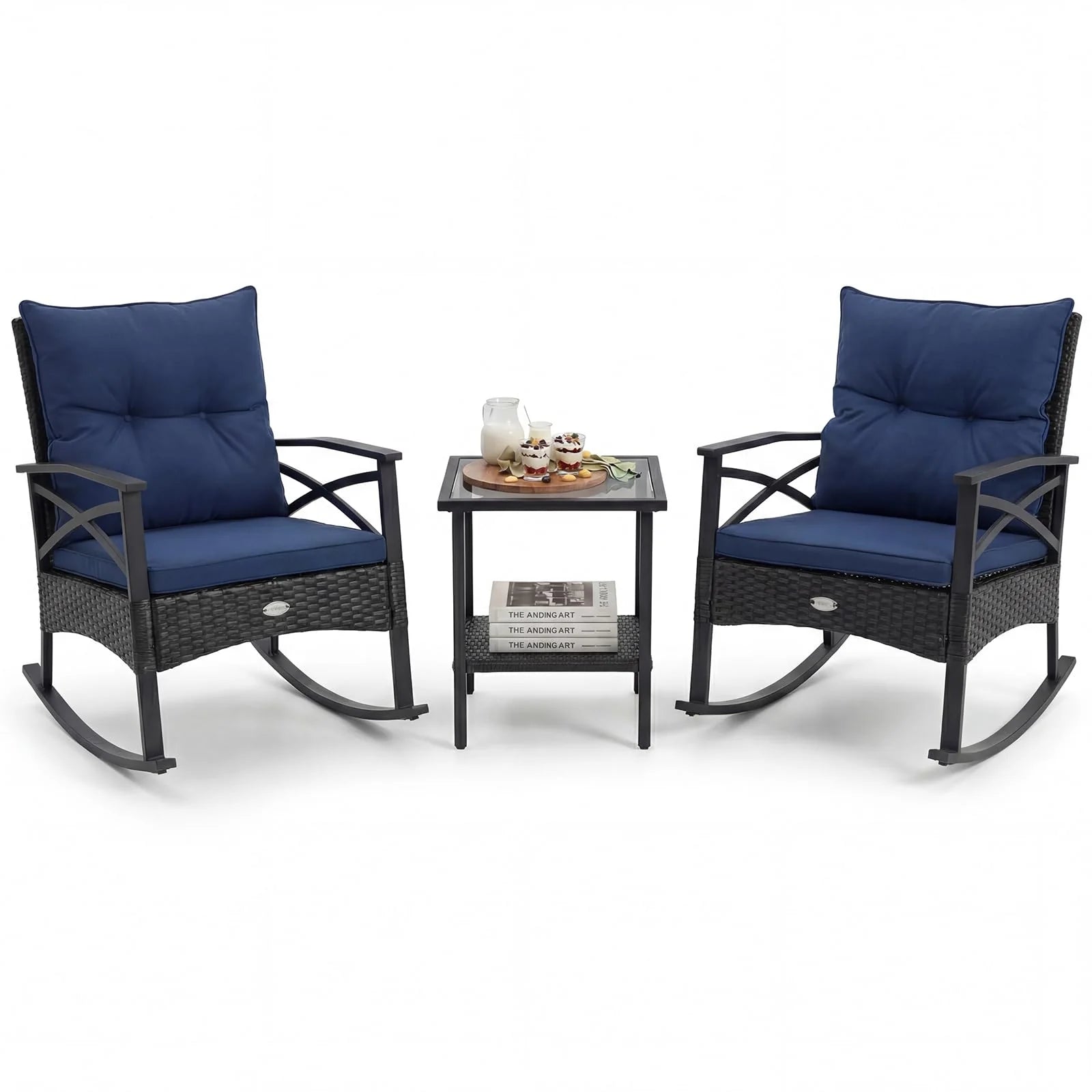 Tangkula 3 Pieces Outdoor Rocking Chairs Set Rattan Heavy Duty Cushioned Rocker Chairs