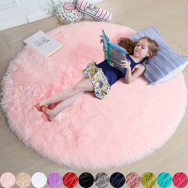 Amdrebio Pink Round Rug for Girls Bedroom,Fluffy Circle Rug 4'x4' for Kids Room,Furry Carpet for Teen Girls Room,Shaggy Circular Rug for Nursery Room,Fuzzy