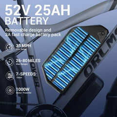 3000w（peak)Motor 190NM Electric Bike SMLRO MX500 for Adults, with 52v25ah Battery E Bicycles, 24" Fat Tire All - Terrain Electric Bicycle for Adult, Max 37MPH Ebike, 7 - Speed UL2849