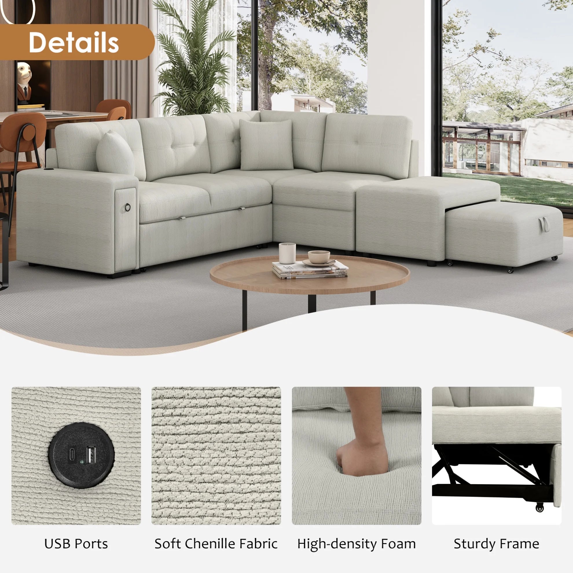 87" Modular Sectional Sleeper Sofa with Pull Out Bed, Convertible L - Shaped Couch with Ottoman, USB Ports and Two Cup Holders for Living Room, Apartment, Bedroom, Gray